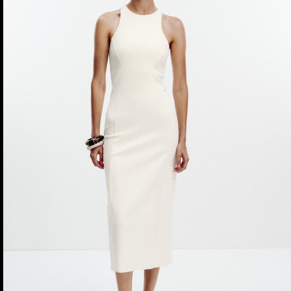 ZARA L Sleek Ivory Halter Midi Dress